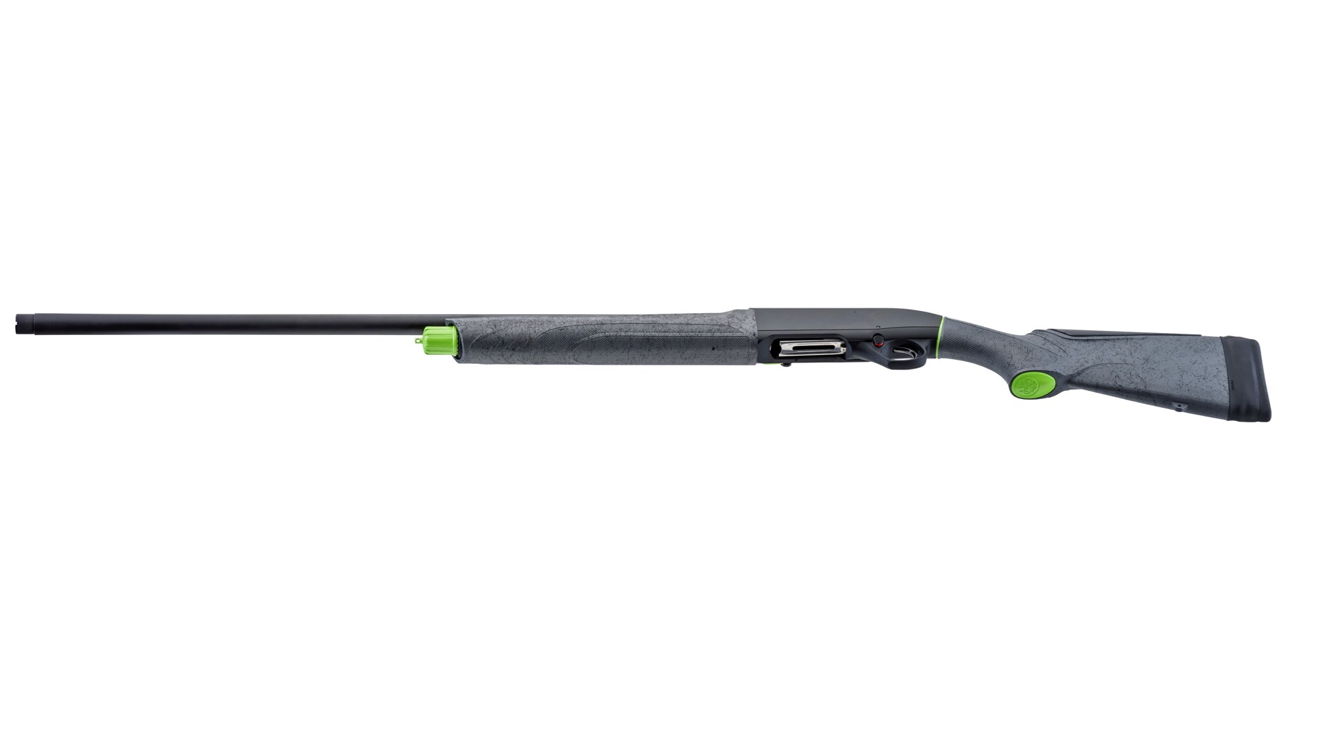 Underside of the Beretta A300 Ultima Sporting shotgun shown on a white background, along with lime-green highlights.