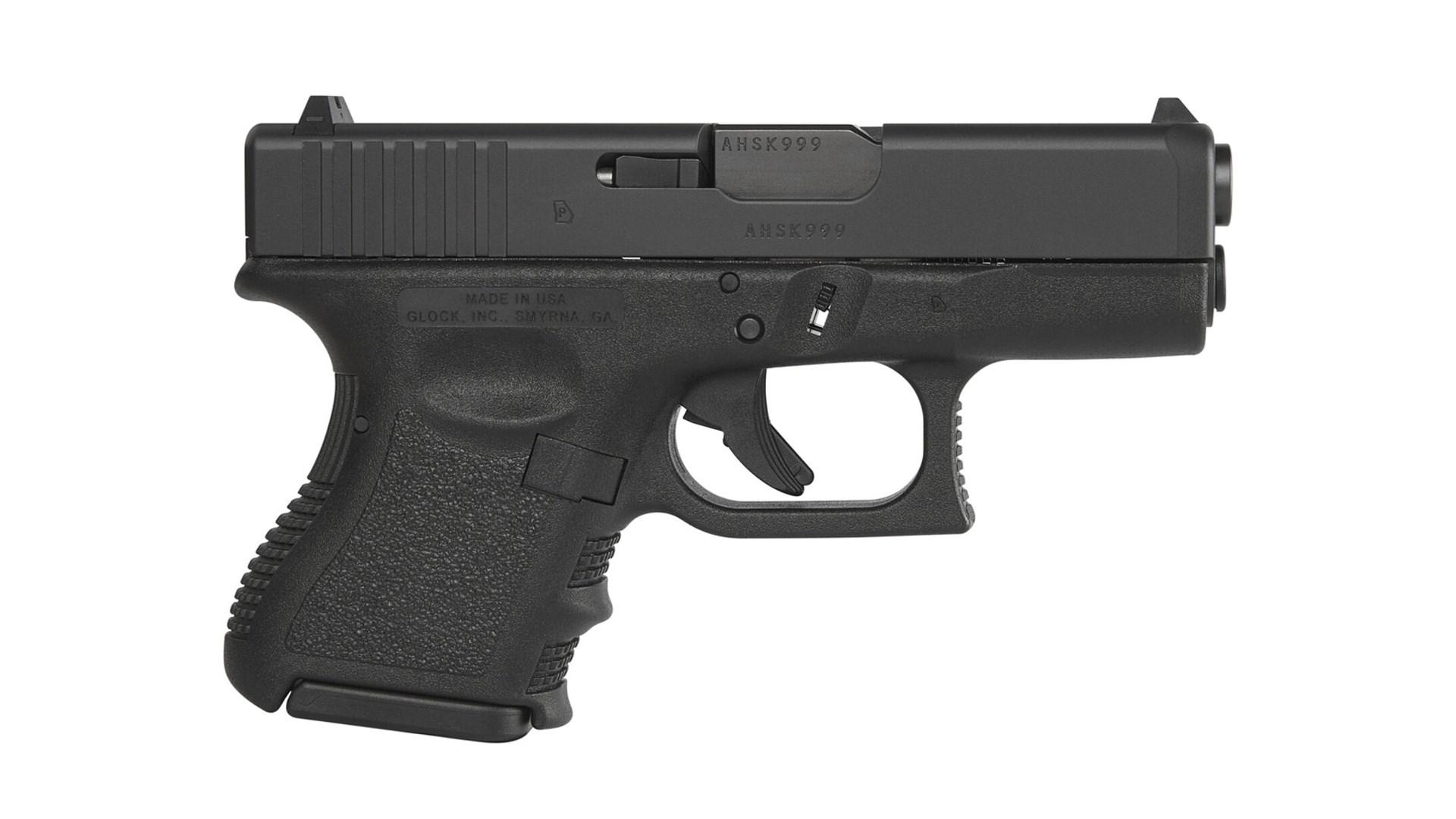 Right side of the Glock 28 shown on white.