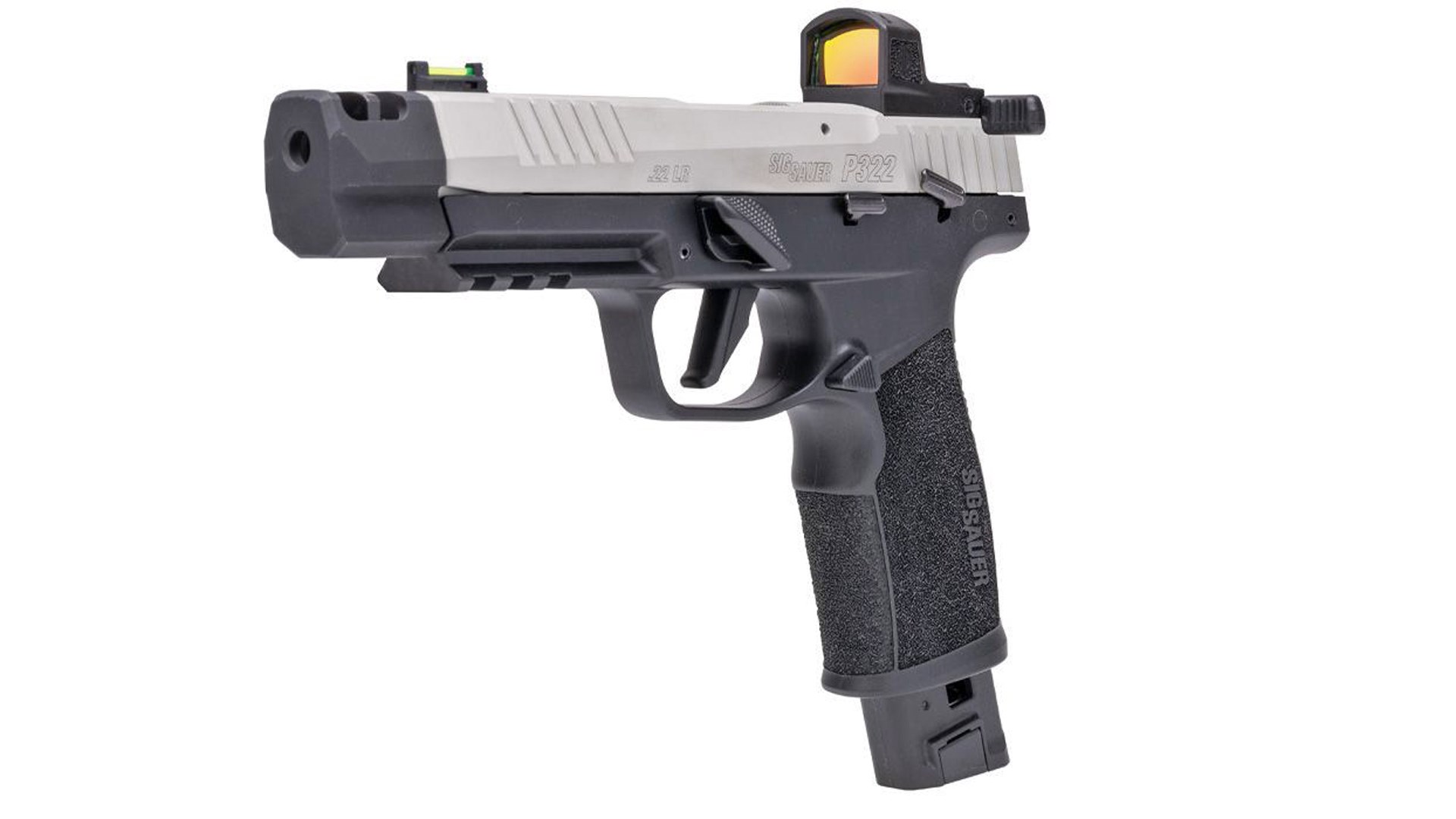 Angled shot of the front of the SIG Sauer P322-COMP pistol.