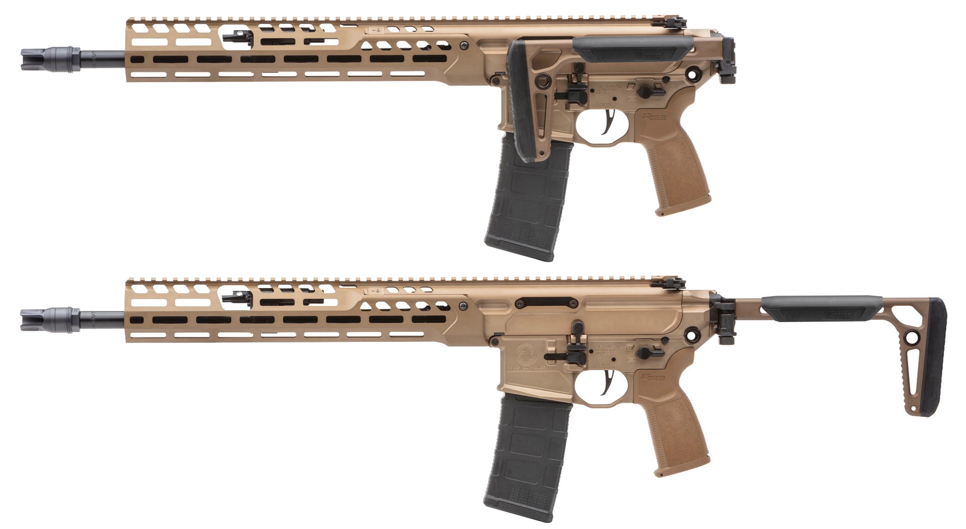 two guns comparison top bottom sig sauer mcx spear lt rifle carbine brown color gun left side view on white