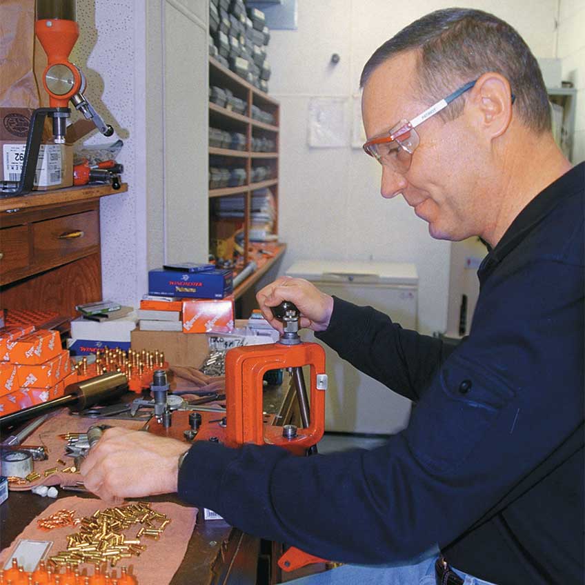 Hornady Chief Ballistic Scientist and “father” of the .17 HM2, Dave Emary, handloads batches of the rimfire for testing.