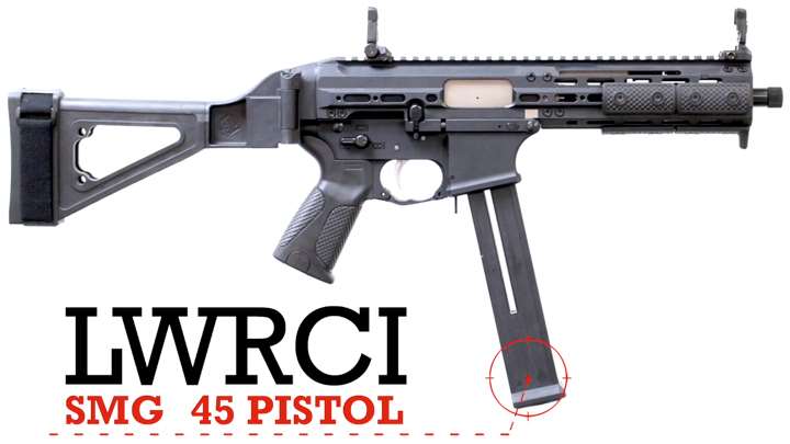 Right-side view of LWRCI SMG 45 pistol on white background with text callout for make and model