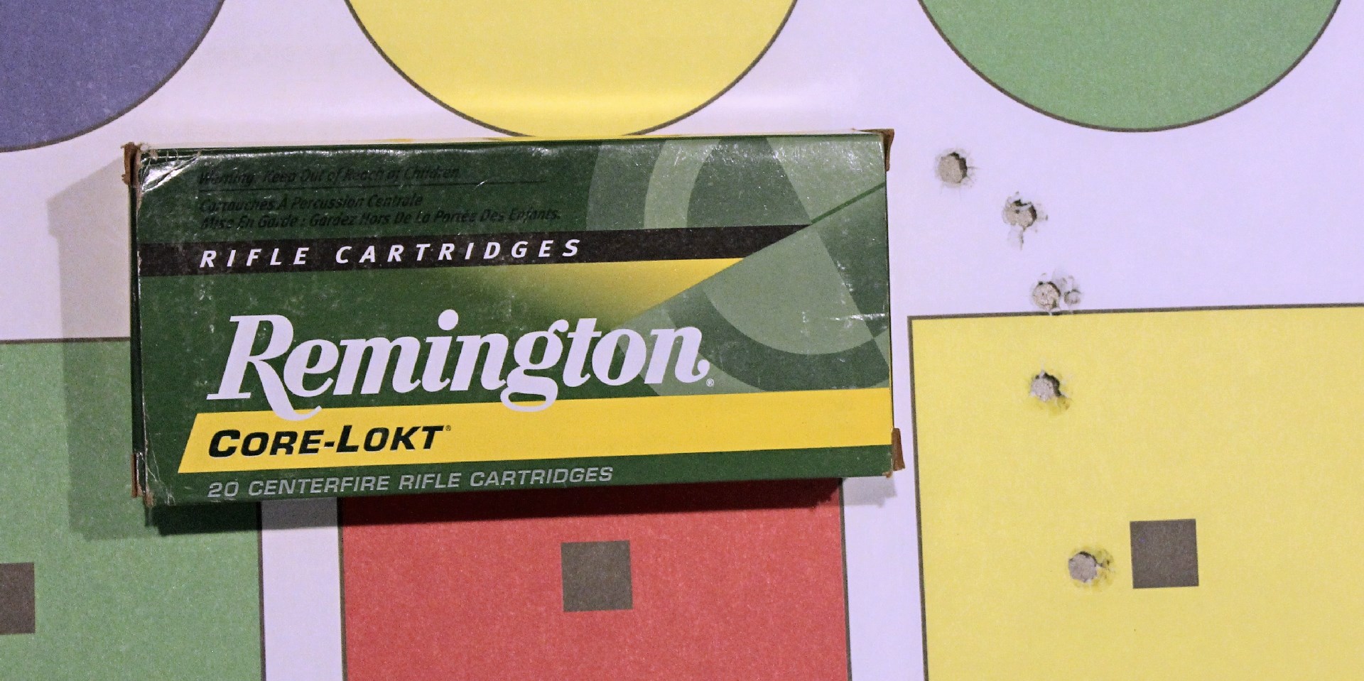 Remington core-lokt box ammunition bullets accuracy shown on target colored shapes