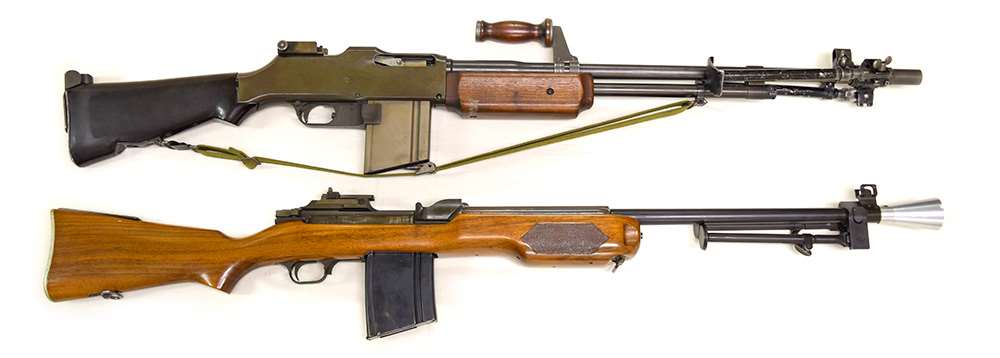 The Winchester Automatic Rifle shown on white comparison next to Browning Automatic Rifle BAR gun with sling WWII historical guns