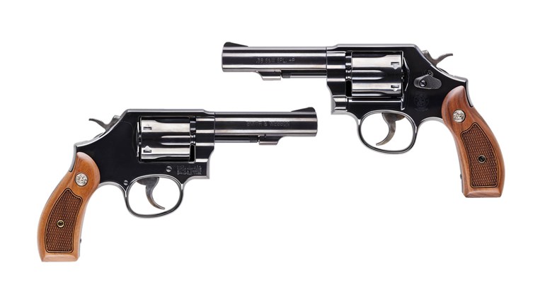 Smith & Wesson Model 10 .38 Spl. revolvers left and right side view two guns 