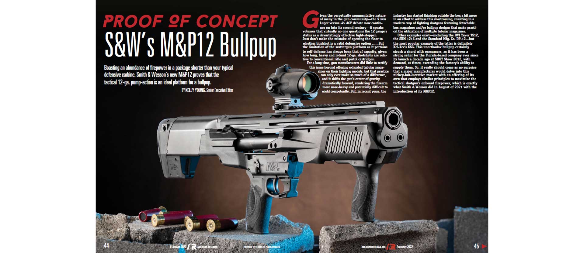 Screen capture bifold magazine article text image of bullpup smith and wesson shotgun pump-action 12 gauge award winner