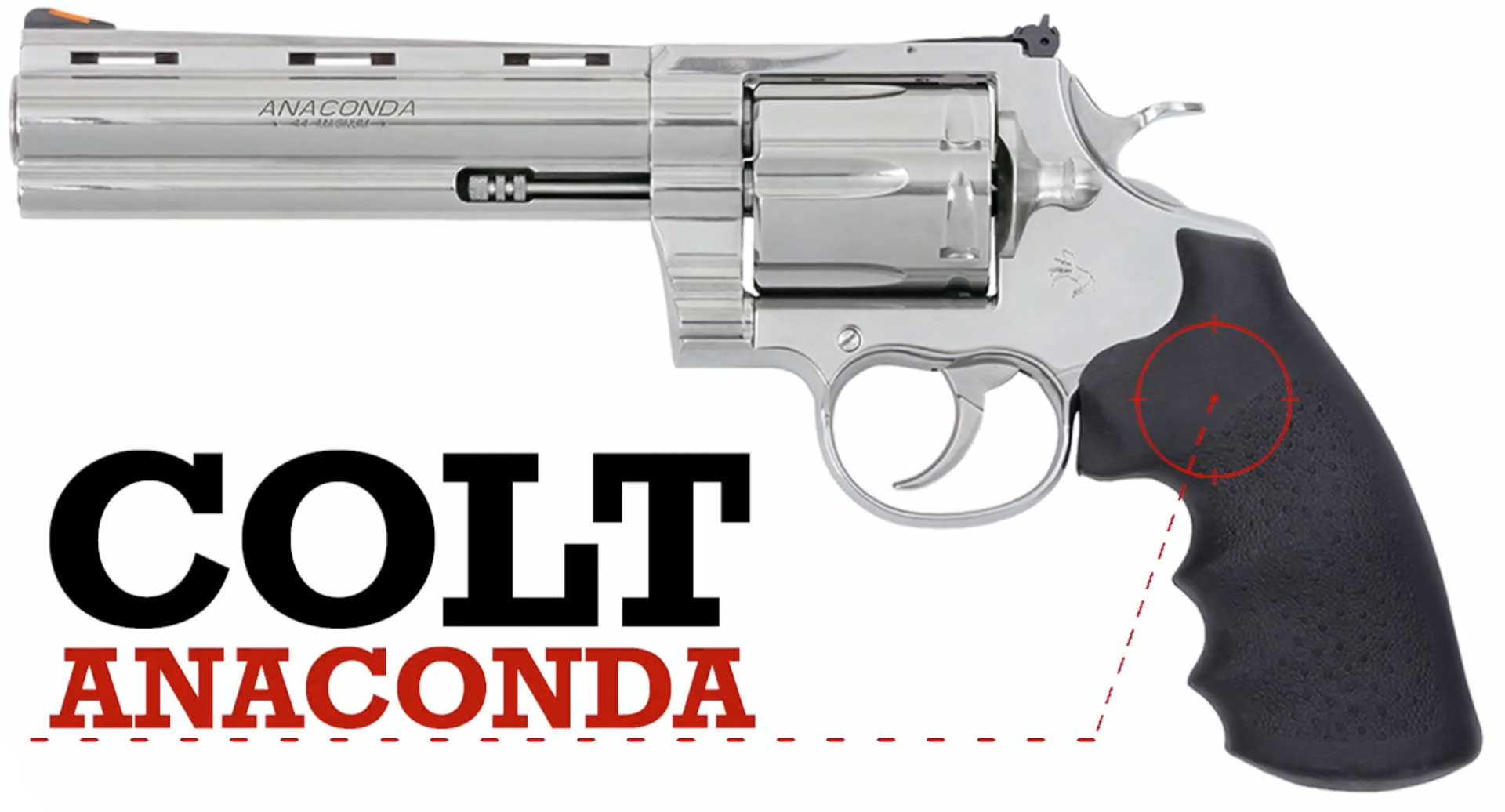 gun revolver silver stainless steel black grips text on image noting make and model Colt Anaconda