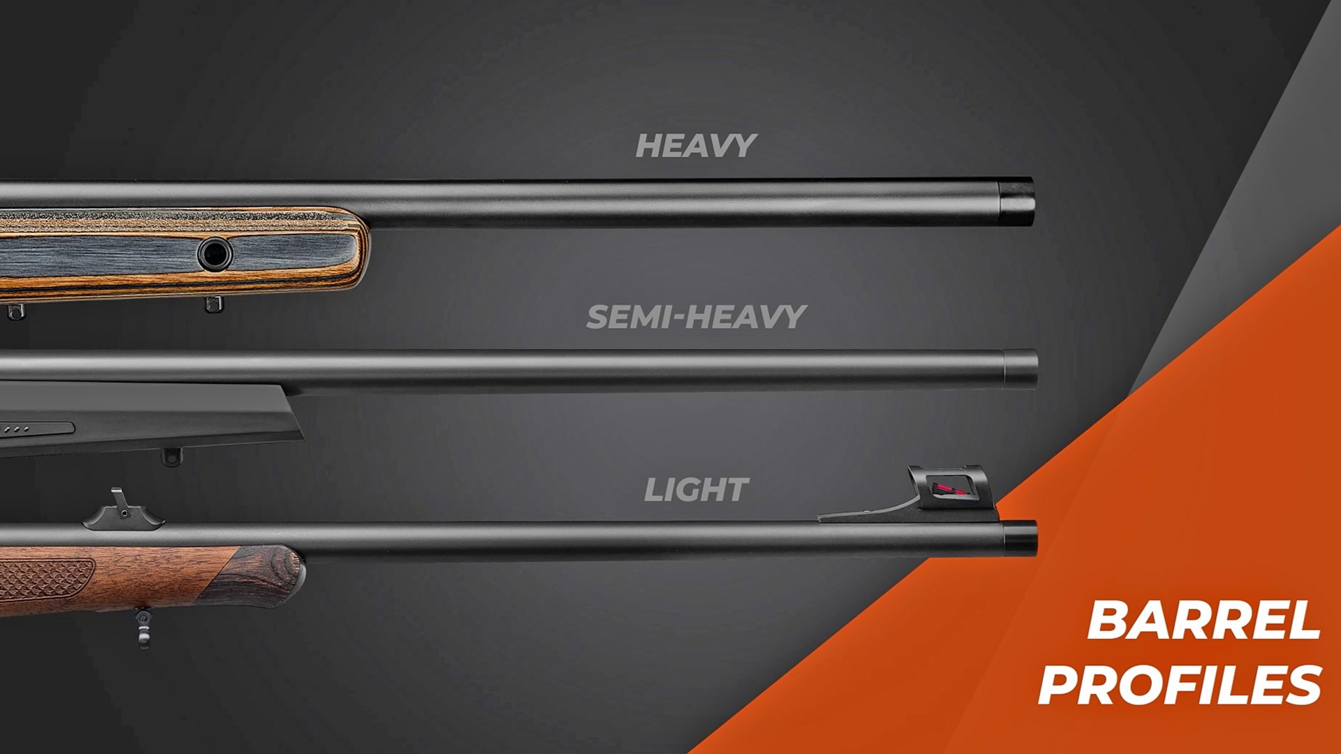 Three different barrel profiles of the CZ 600 series of rifles shown from top to bottom.
