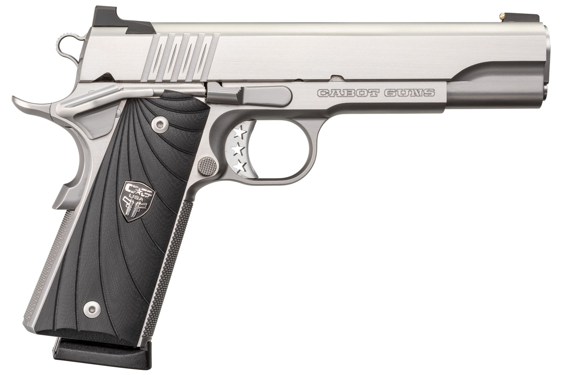 right-side view of Cabot Guns Southpaw M1911 stainless steel gun handgun pistol silver finish black grips white background