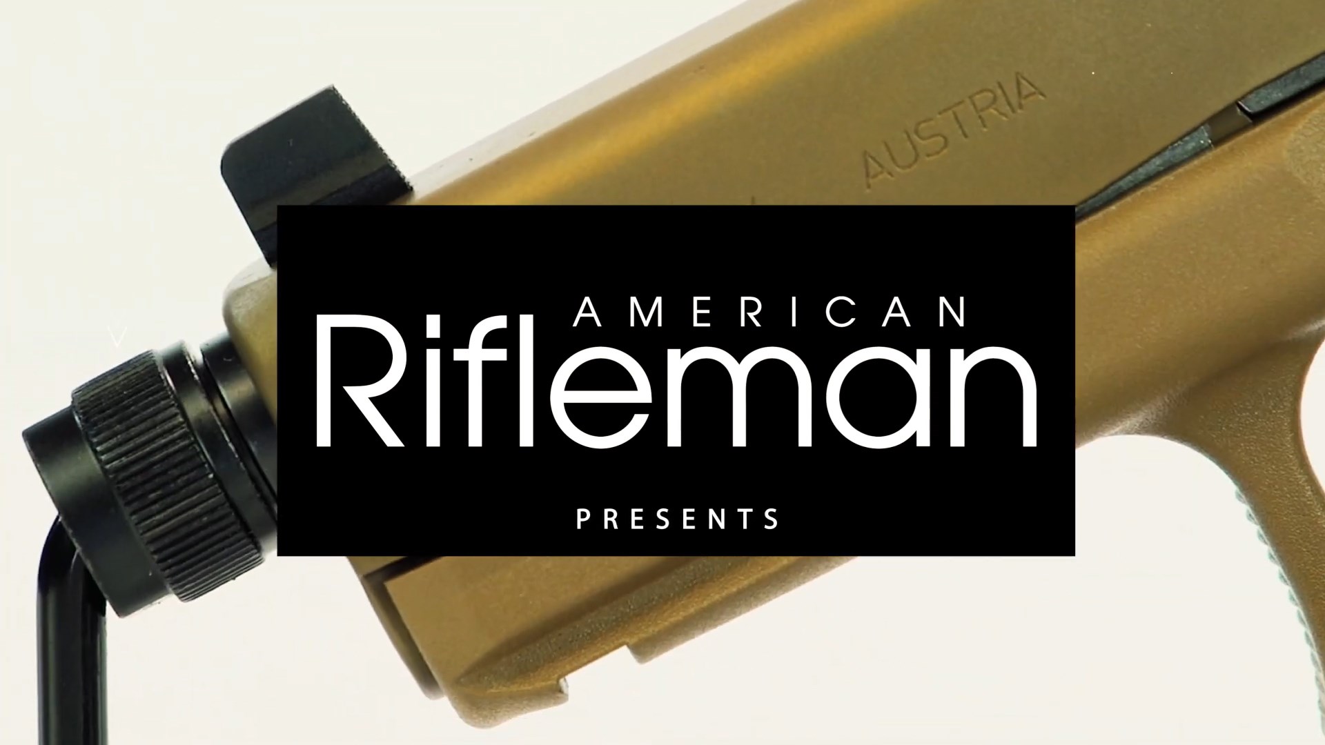 AMERICAN RIFLEMAN PRESENTS text overlay glock g19x mos threaded pistol closeup background