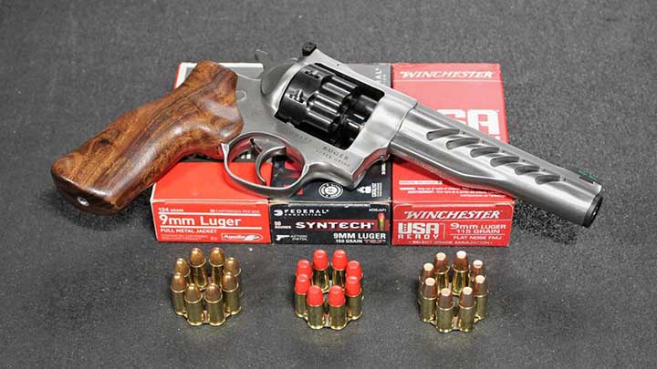 The Ruger GP100 and 9 mm ammunition used in testing.