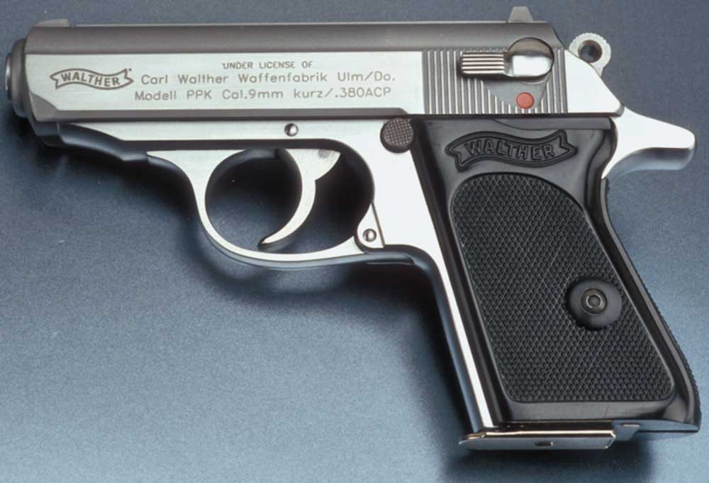 left side Walther PPK pistol handgun gun stainless steel silver black plastic