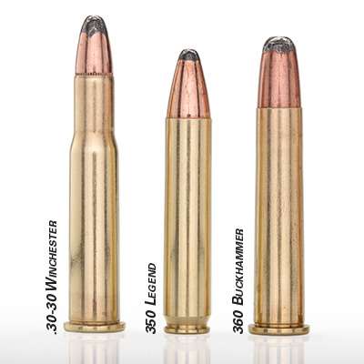 .30-30 Winchester, 350 Legend, 360 Buckhammer side by side ammunition comparison cartridges brass bullets row stack arrangement with text on image noting nomenclature