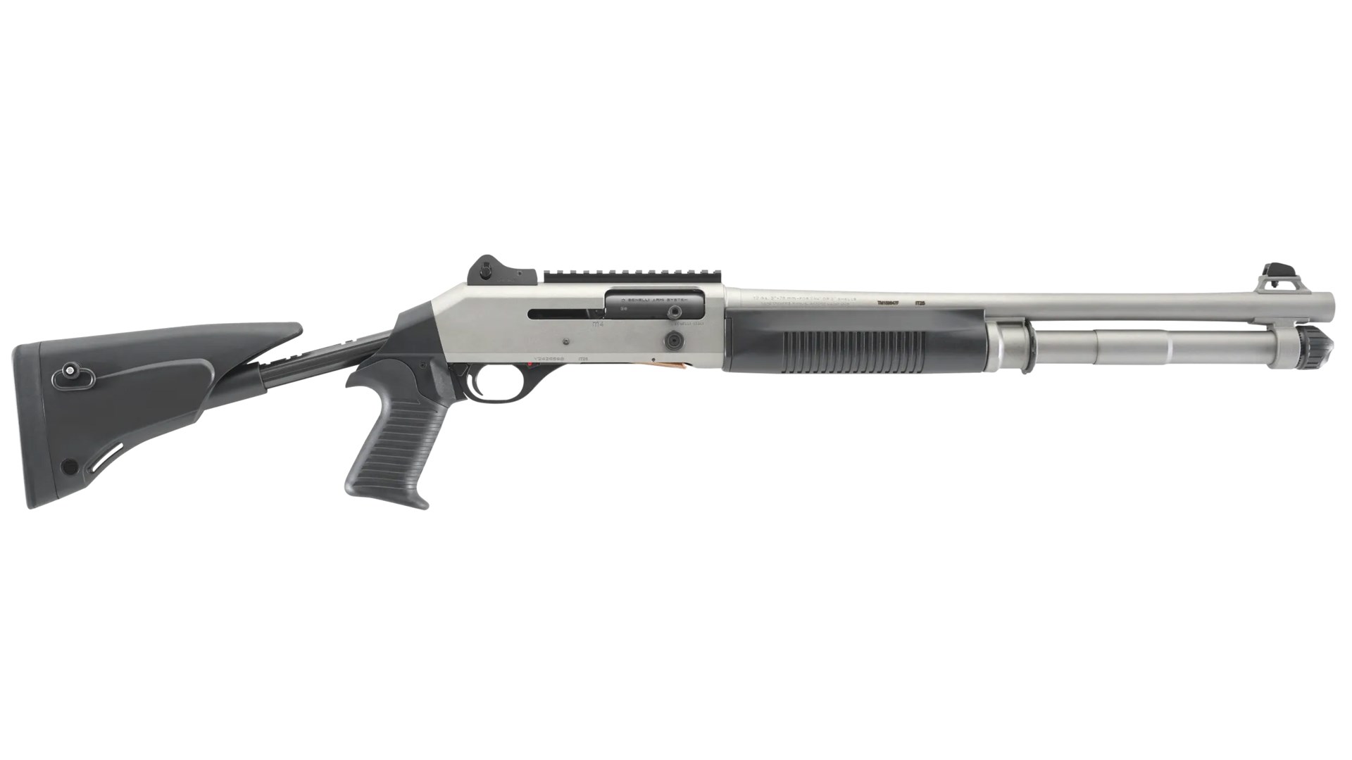 Right side of the black and silver finished Benelli M4 EXT shotgun.