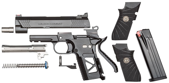 Left-side exploded view of Wilson Combad EDC X9 pistol parts arrangment frame slide barrel springs grips magazine