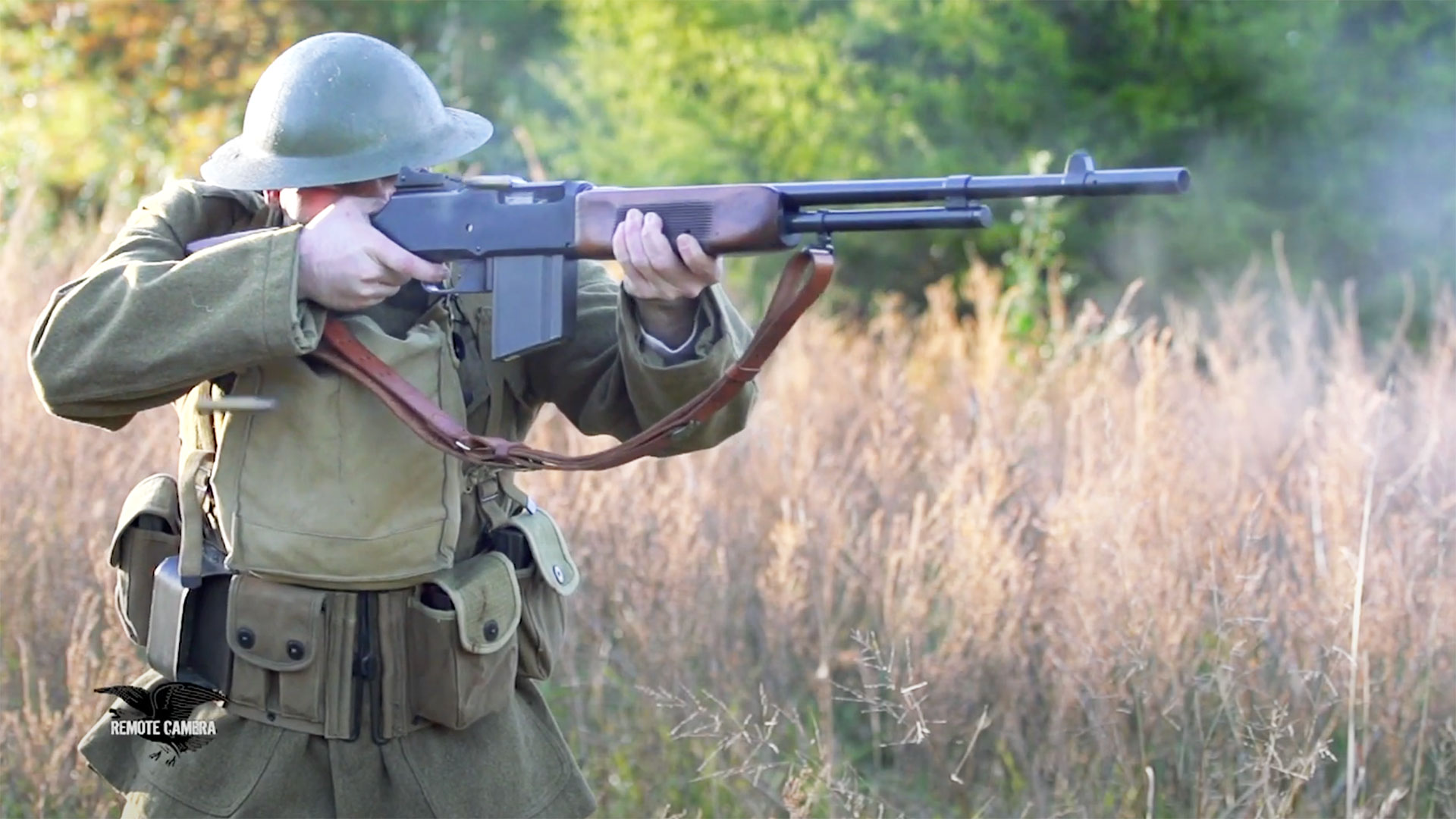 A M1918 BAR being fired by an AEF dressed re-enactor.