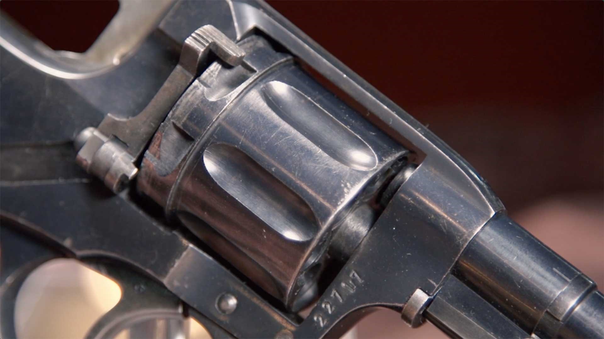 Close-up of the cylinder on the M1895 Nagant revolver.