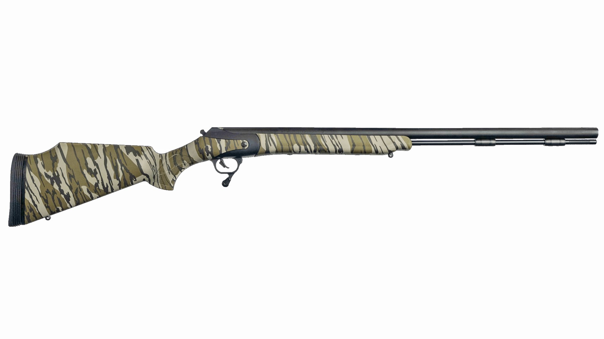 Right side of a camouflage-finished Thompson/Center Arms Triumph muzzleloader.