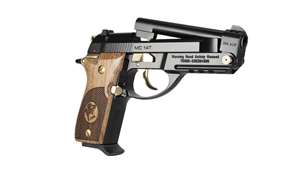 EAA Corp MC14T lady tip-up pistol dynamic right-side view barrel unlocked black metal wood grips