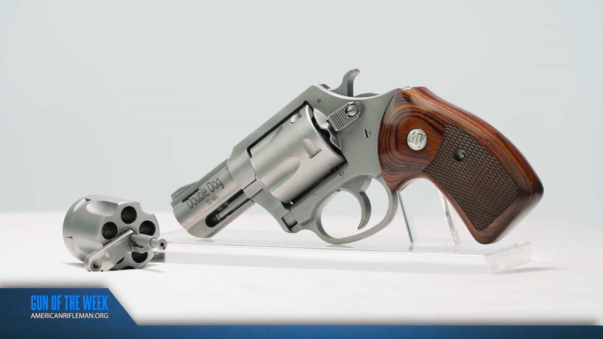 Charter Arms Double Dog double-action revolver left-side view shown with convertible 9 mm Luger cylinder off to left above GUN OF THE WEEK AMERICANRIFLEMAN.ORG blue text banner