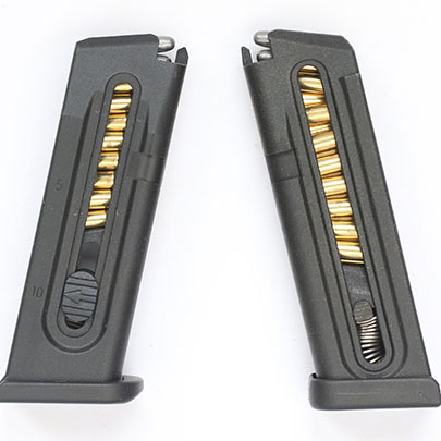 The ProMag Glock 44 magazine (right) loaded to its full capacity of 18 rounds compared to the factory magazine (left) loaded to capacity with 10 rounds.