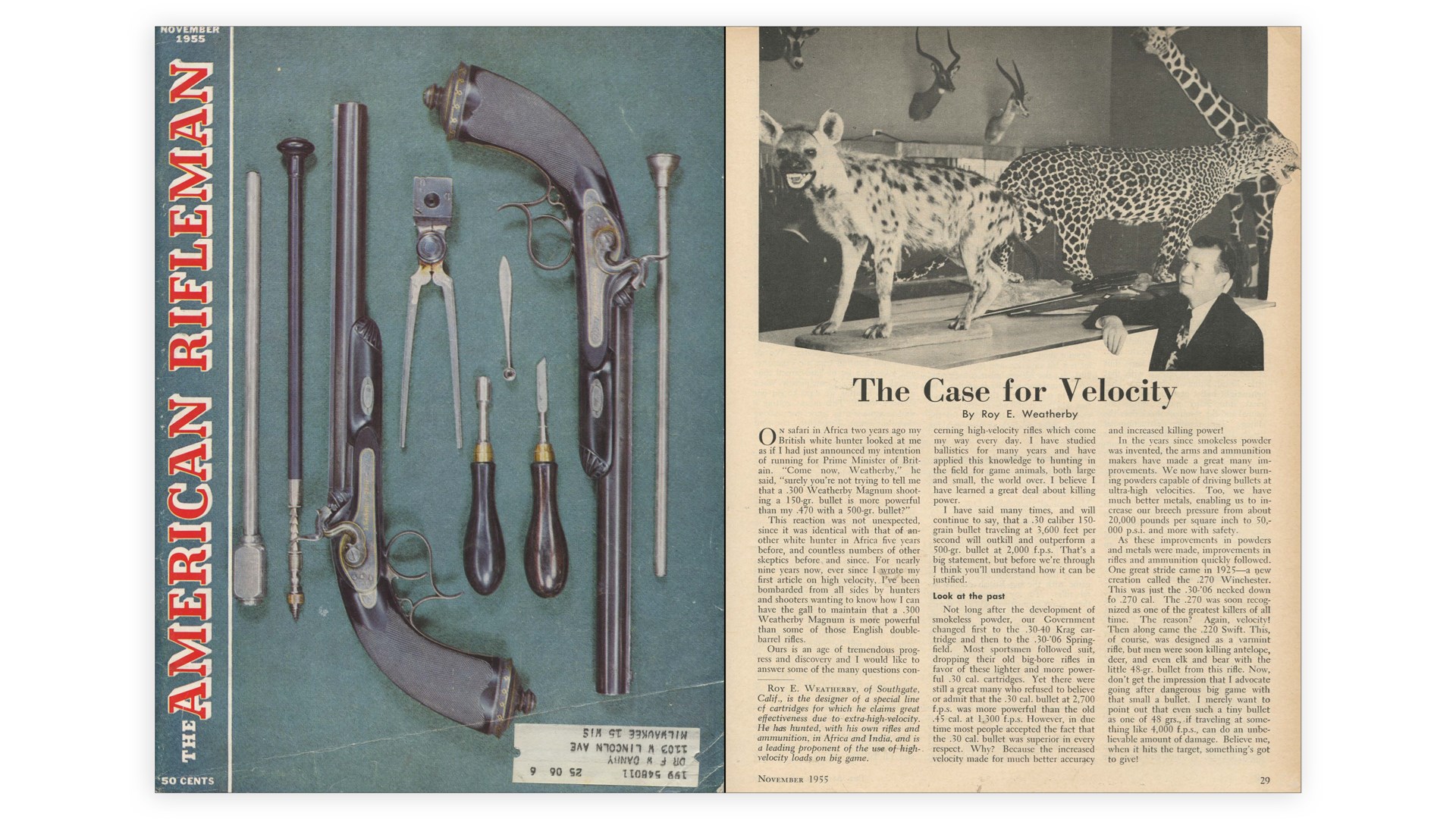 November 1955 The American Rifleman magazine cover shown with percussion handguns and tools left next to article titled: "The Case For Velocity" by Roy E. Weatherby with image of man staring at african game animals taxidermy