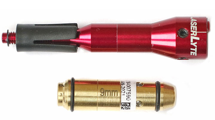 LaserLyte makes both a Universal Laser Trainer (top) which fits into the muzzle end of the bore of a firearm and a Laser Training Cartridge (bottom). The Laser Training Cartridge is available in .380 ACP, 9mm Luger, .40 S&amp;W and .45 ACP.