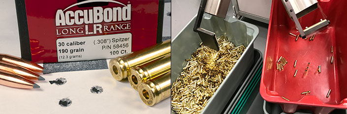 A combination of SIG .300 Win. Mag. brass, Nosler 190-gr. AccuBond Long Range bullets and H1000 propellant produced this sub-minute-of-angle group at 100 yds. (l.). At the Jacksonville, Ark., factory, imperfect .300 Blackout cases are diverted into a red bin (r.).