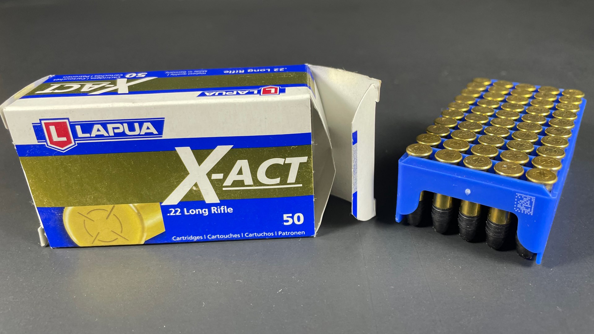 Lapua X-ACT .22 LR ammunition box with blue load tray