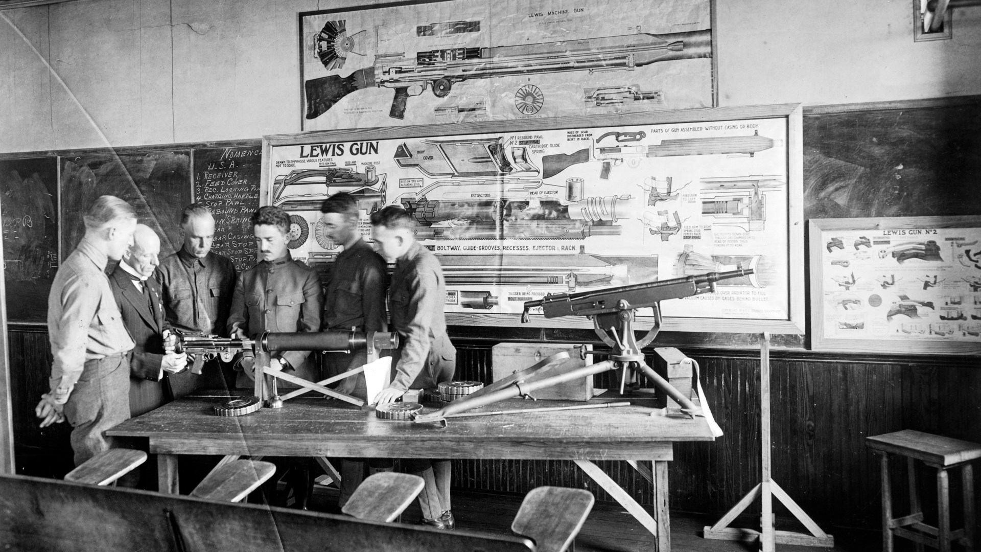 In the School of Military Aeronautics at Georgia Tech: Aero cadets learn the basics of machine guns. A U.S. .30 -cal. (Savage Arms made) Lewis Gun is seen at the left, and a Colt-Browning Model 1895 is at the right. N.A.R.A. photograph.