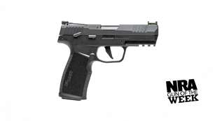 NRA GUN OF THE WEEK title screen gun white background left-side SIG Sauer P322 .22-cal. semi-automatic black handgun pistol