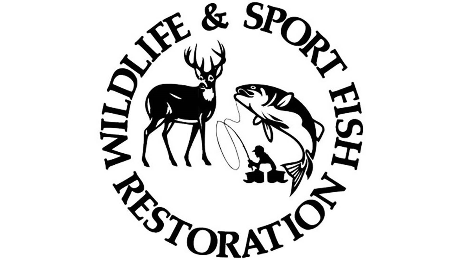 Wildlife & Sport Fish Restoration logo deer fish fisherman black leters text on image white background