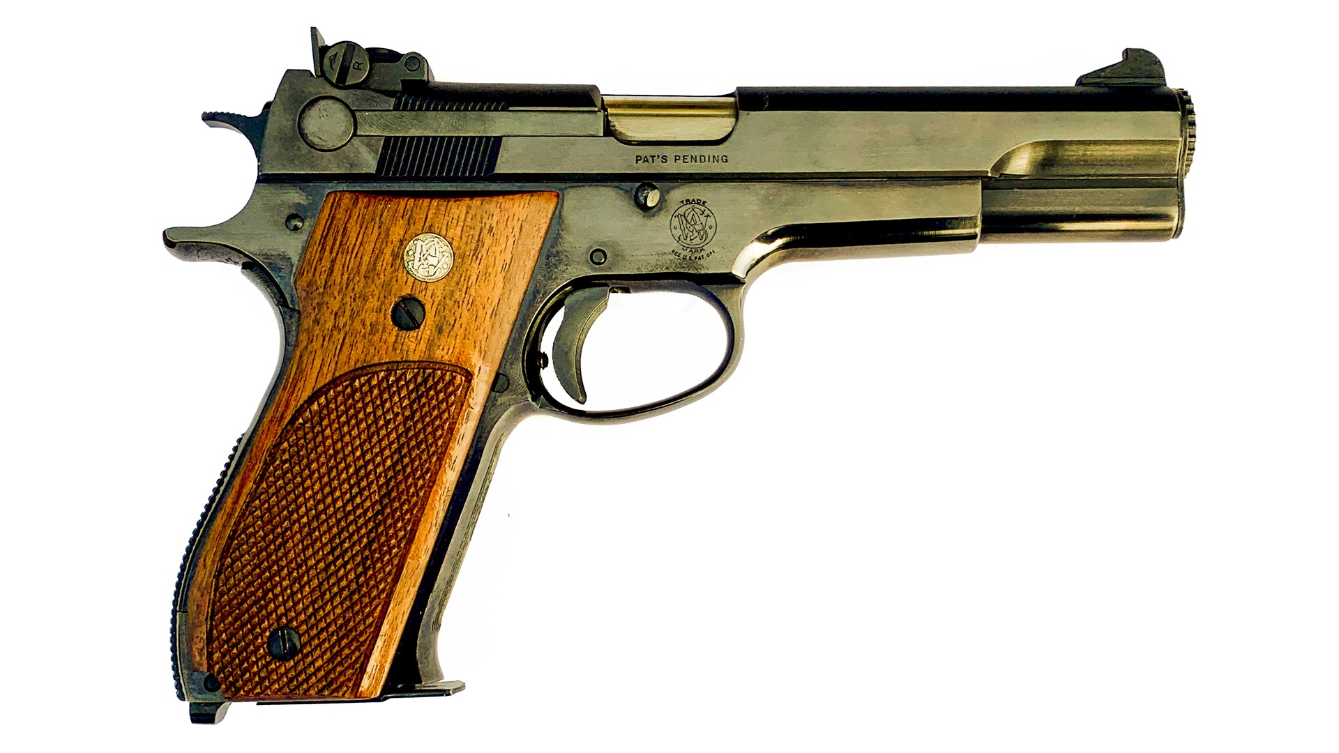 Smith & Wessob Model 52 right-side view semi-automatic pistol handgun metal wood