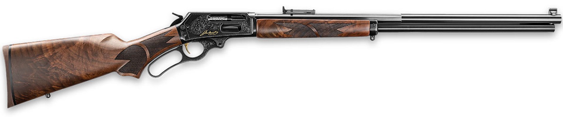 150th anniversary edition marlin lever-action rifle right-side view figured walnut deep bluing gold inlay engraving