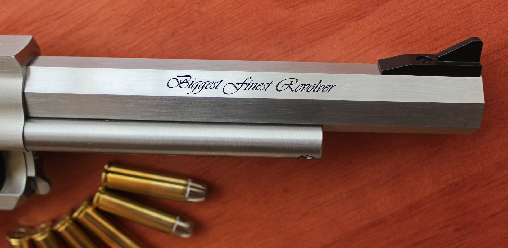 Magnum Research BFR biggest finest revolver script engraving stainless steel gun barrel revolver