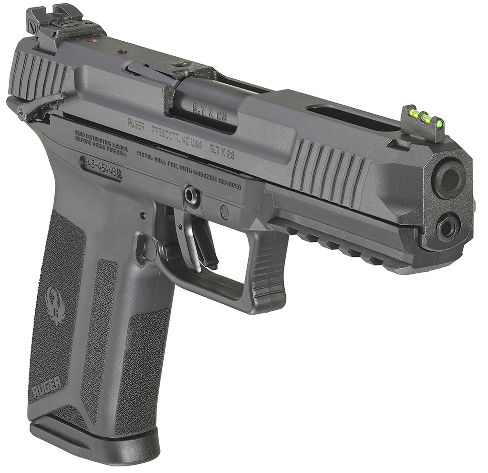 Ruger-5.7 pistol semi-automatic handgun dynamic quartering view right-side muzzle white background