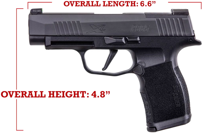Left-side view of black-colored SIG Sauer handgun with text explaining 4.8&quot; height and 6.6&quot; width