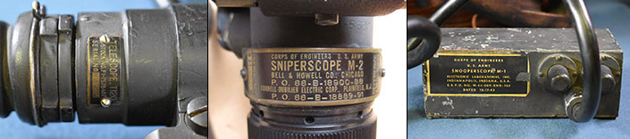 Images of an early T120 infrared scope was later standardized as the “M1” (l.). It was followed by the M2 infrared scope (ctr.). There was also a handheld M1 infrared “Snooperscope” (r.).