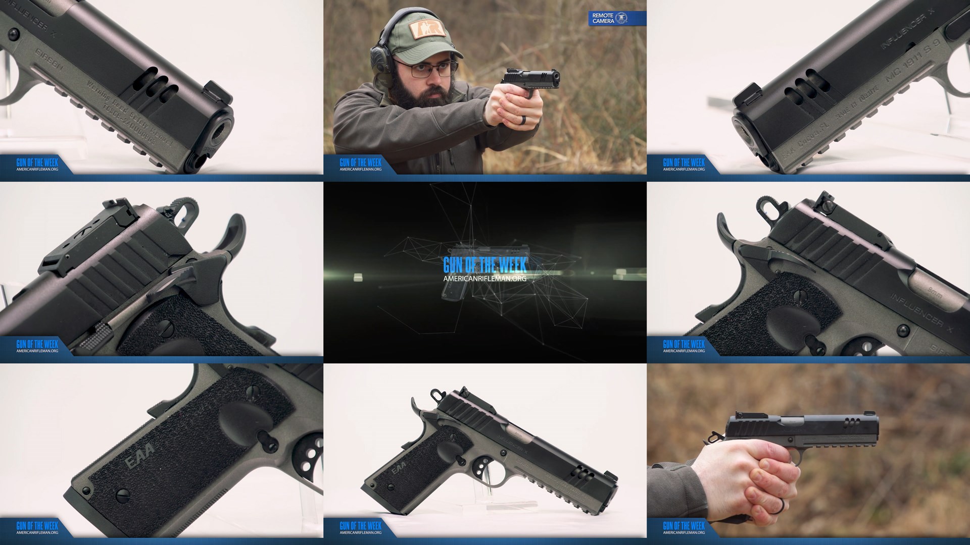 AMERICANRIFLEMAN.ORG GUN OF THE WEEK text on center tile mosaic 9 image arrangment of EAA Girsan Influencer X pistol closeup details of gun 9 mm man shooting outdoors