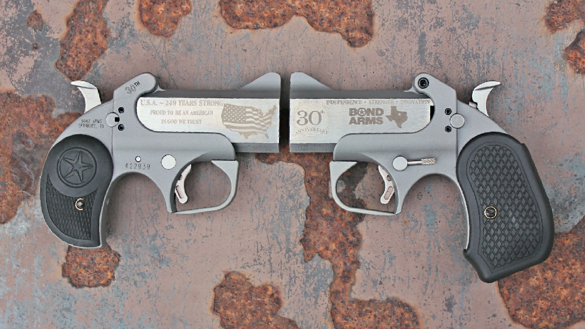 Two differently sized Bond Arms derringers shown side to side on a rusted surface.