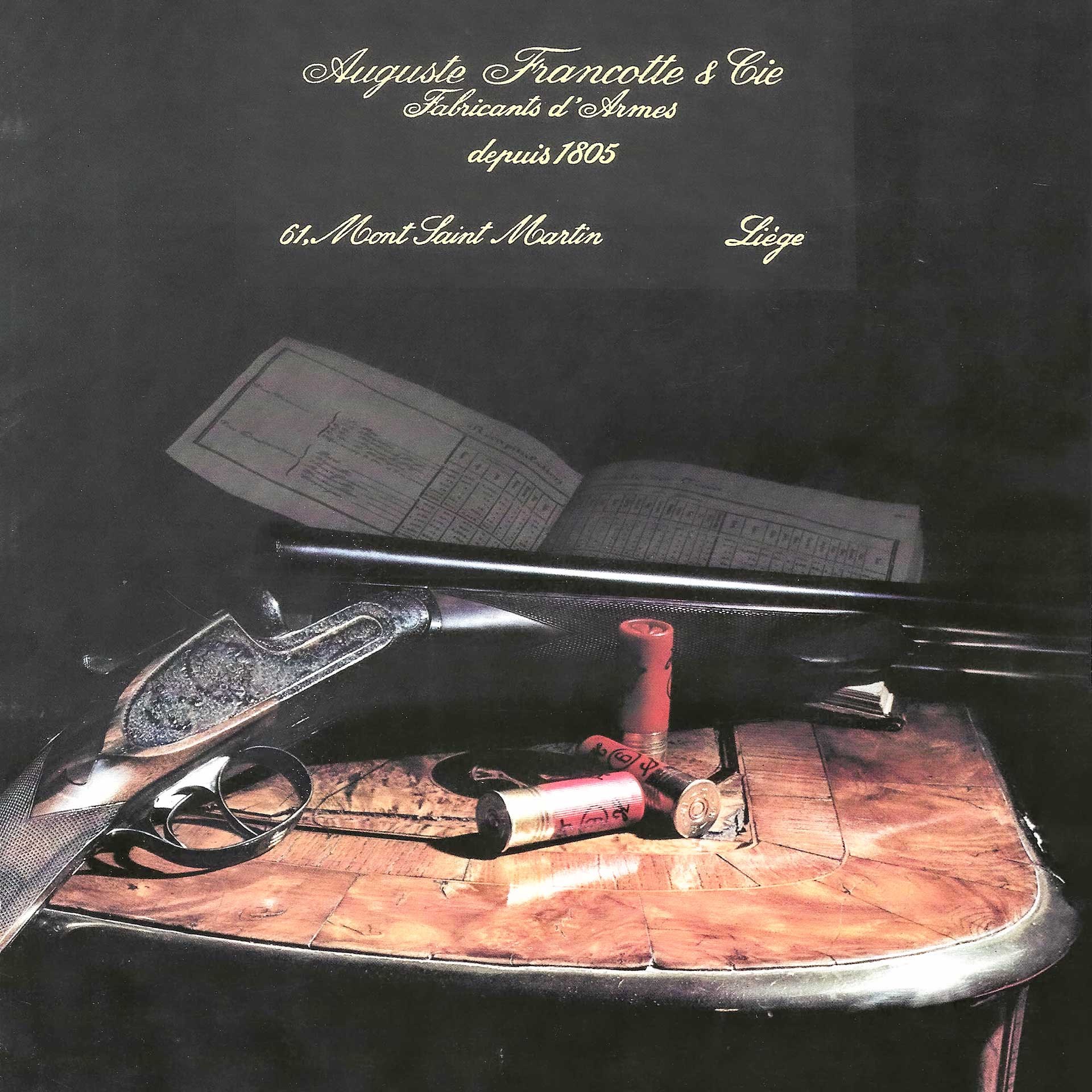 A shotgun sits on a finely crafted wooden table next to several red shotshells.