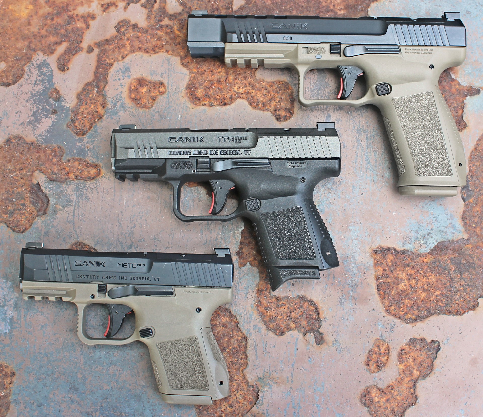 The Mete MC9 (Lower Left) compared to the compact TP9 Elite SC (Center) and the long-slide Mete SFx (Upper Right).