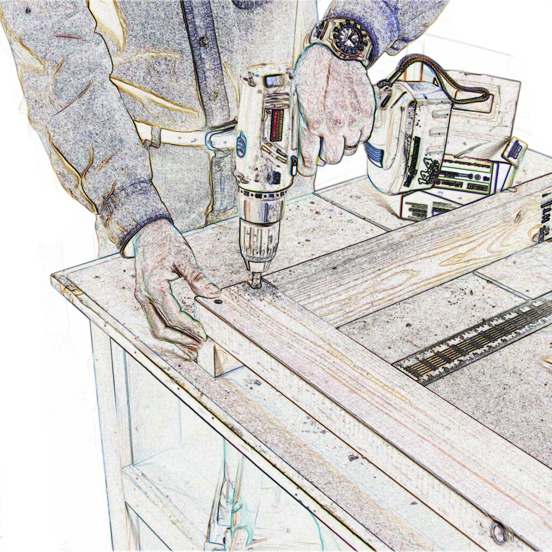 rendering drawing of man at workbench with drill wood square building construction