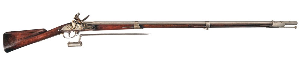 Model 1795 Springfield flintlock smoothbore musket right-side view wood stock silver metal work shown with bayonet