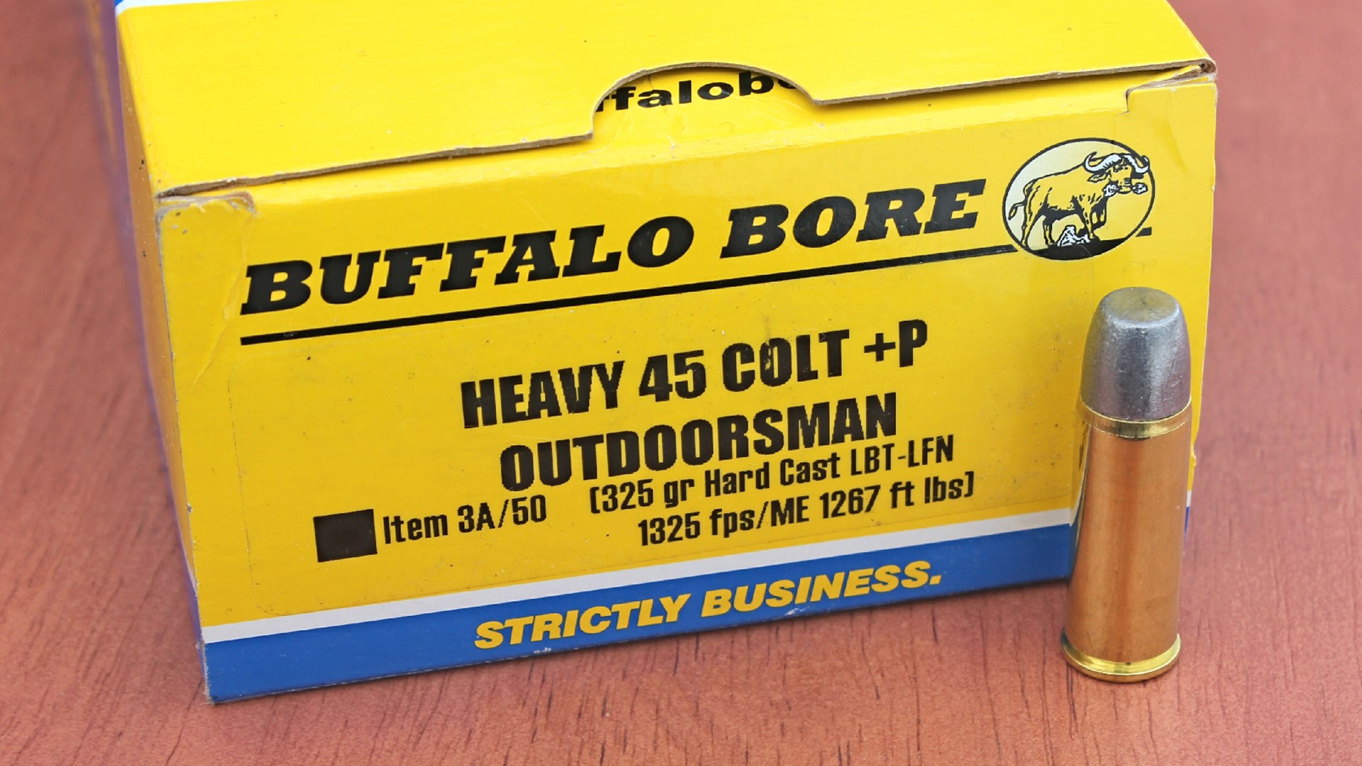 buffalo bore ammunition heavy 45 colt +P outdoorsman load yellow box bullet ammo container cartridge