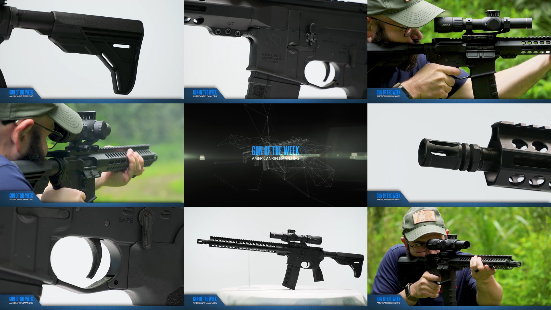 GUN OF THE WEEK AMERICANRIFLEMAN.ORG text banner on 9 images grid tiles arrangement of detail screenshots of FN 15 Guardian rifle men shooting outdoors