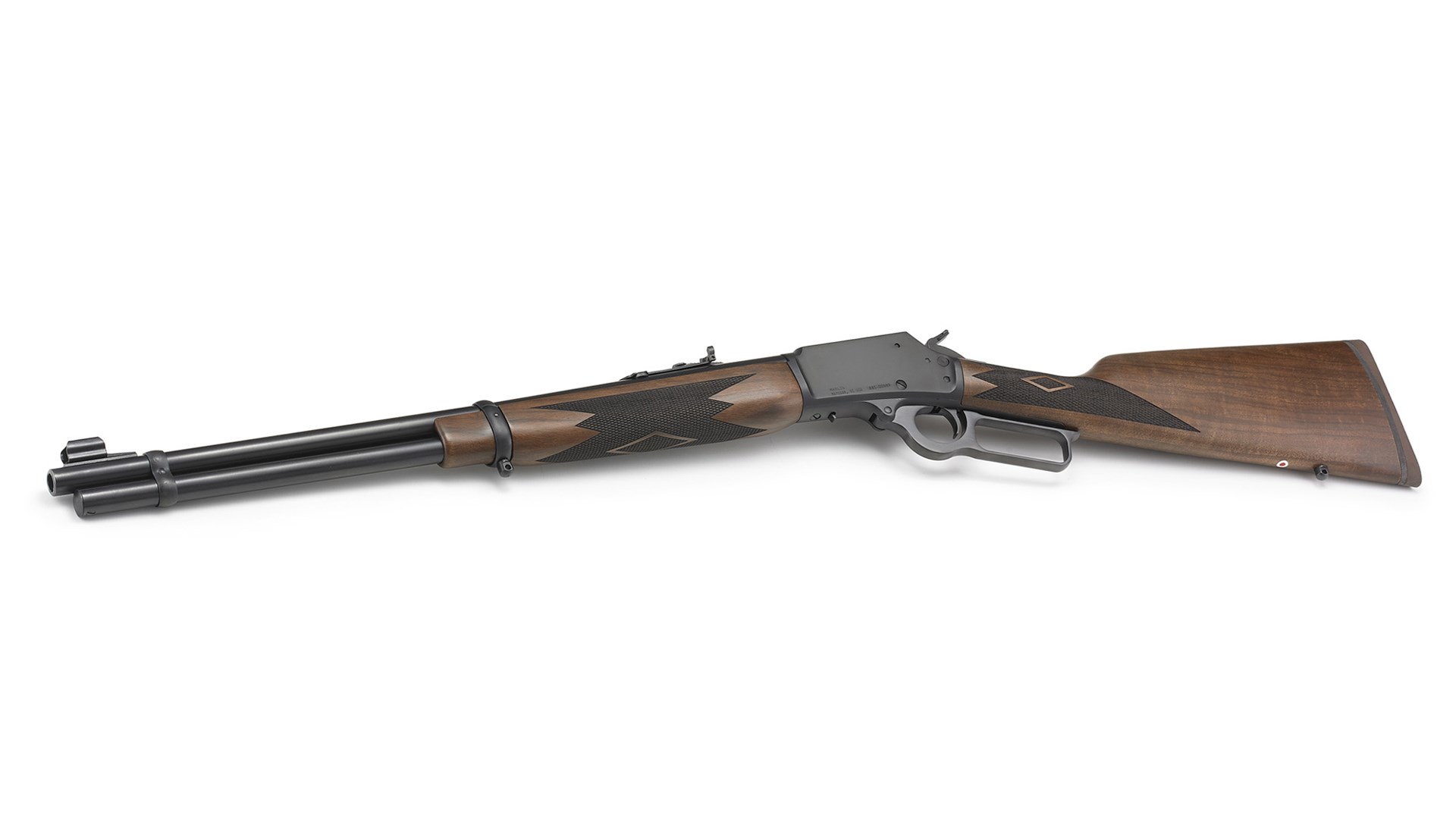 An angled shot of the Marlin Model 1894 Classic, showing the textured wood furniture and blued barrel.