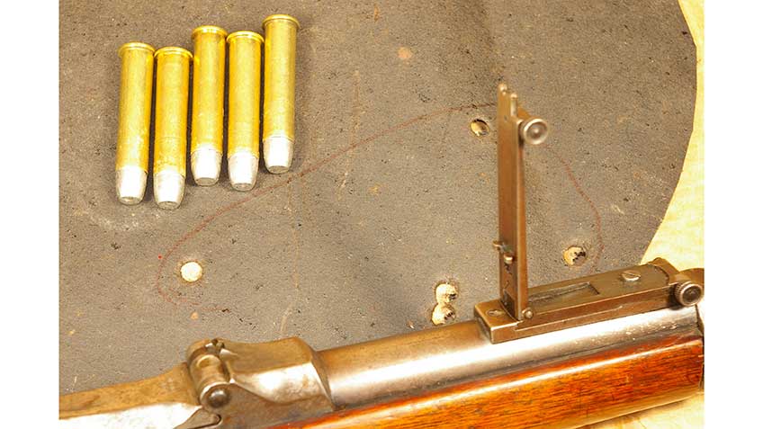 This five-shot group was fired at 200 yards with the Trapdoor carbine shooting 405-grain flat nose bullets and H4198 powder.  The notch in the raised rear sight was used for aiming.