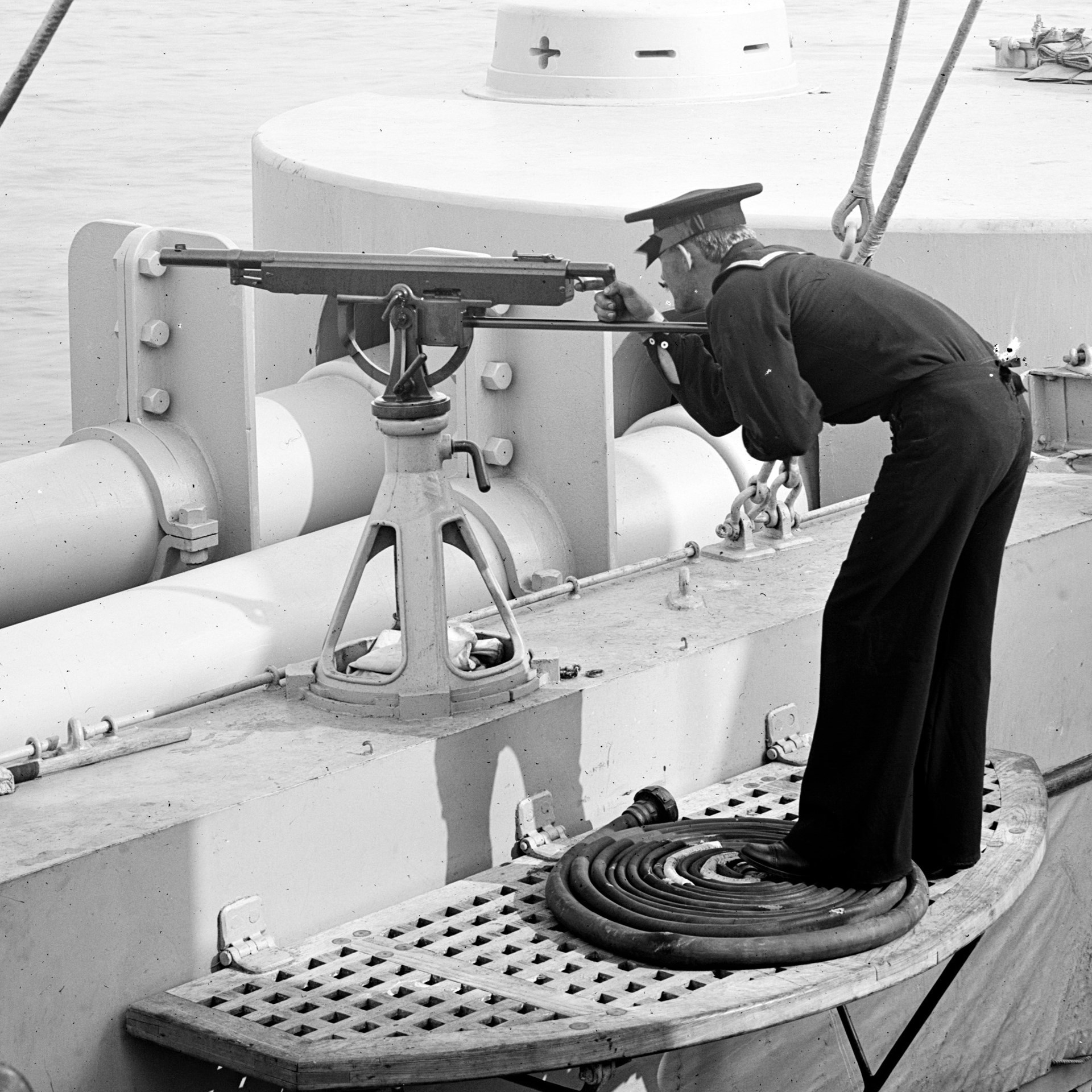 1)	an M1895 pedestal-mounted aboard the pre-dreadnought battleship U.S.S. Iowa (BB-4), launched in March 1896. Four M1895 machine guns were listed as part of the ship’s armament. Library of Congress