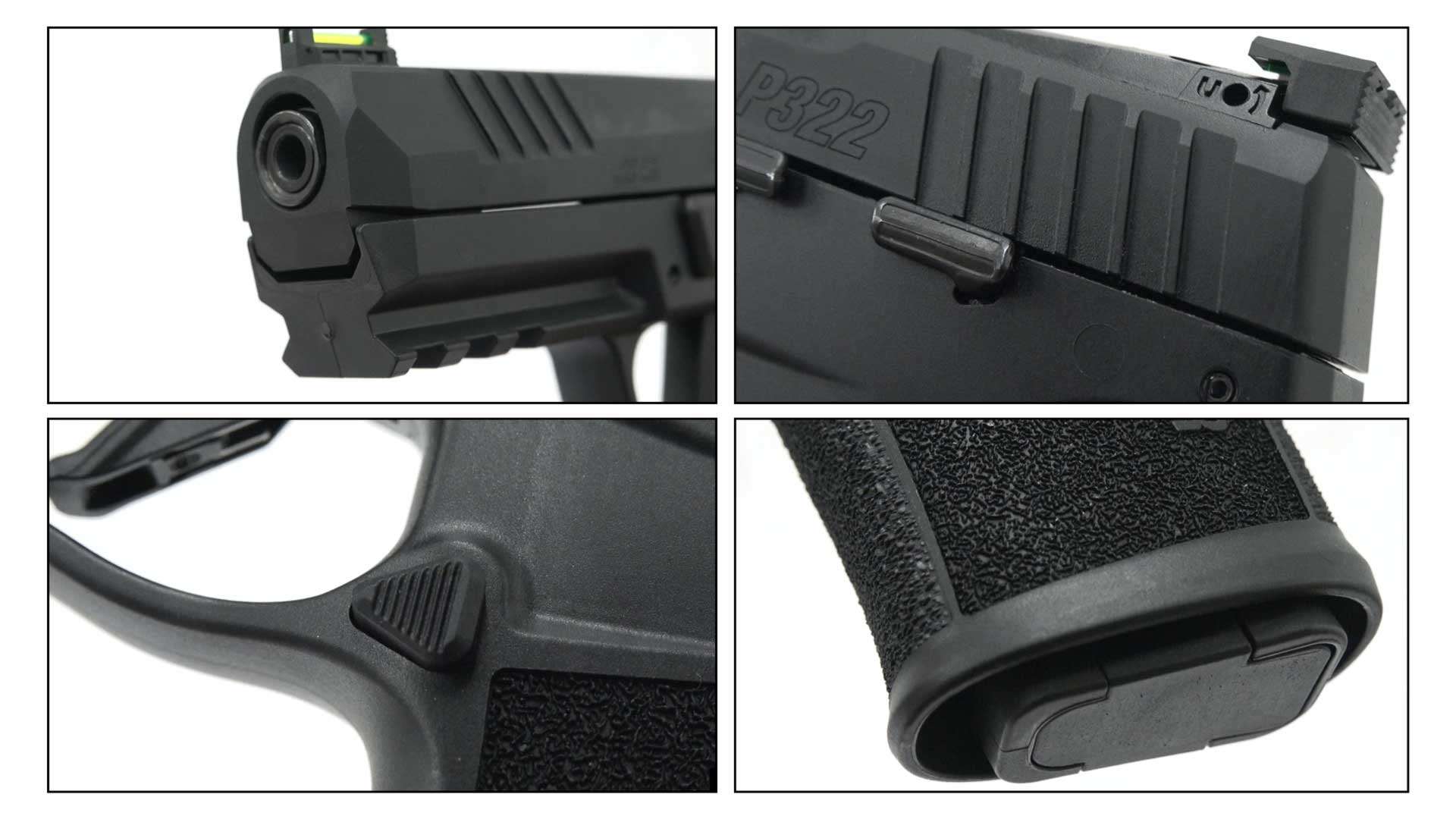 group four images fenced parts detail images gun pistol handgun plastic metal trigger barrel frame slide sights magazine release button